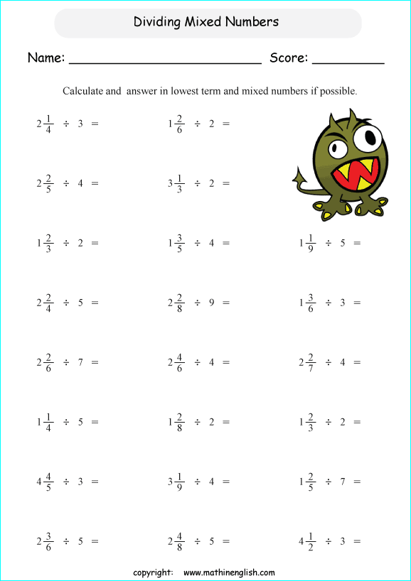 Divide Mixed Numbers By Whole Numbers Math Fraction Worksheet For