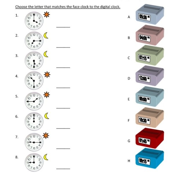 First Grade Matching Digital And Face Clocks Worksheet 05 â One