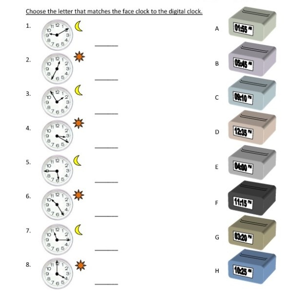 First Grade Matching Digital And Face Clocks Worksheet 11 â One
