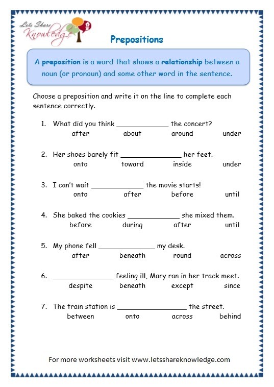 Worksheets For Prepositions For Grade 5