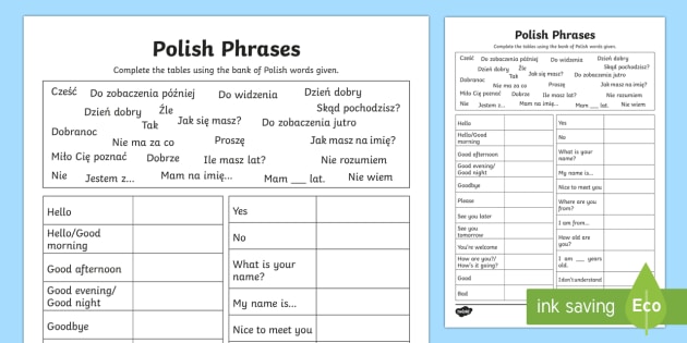 Common Phrases Table Worksheet   Worksheet Polish