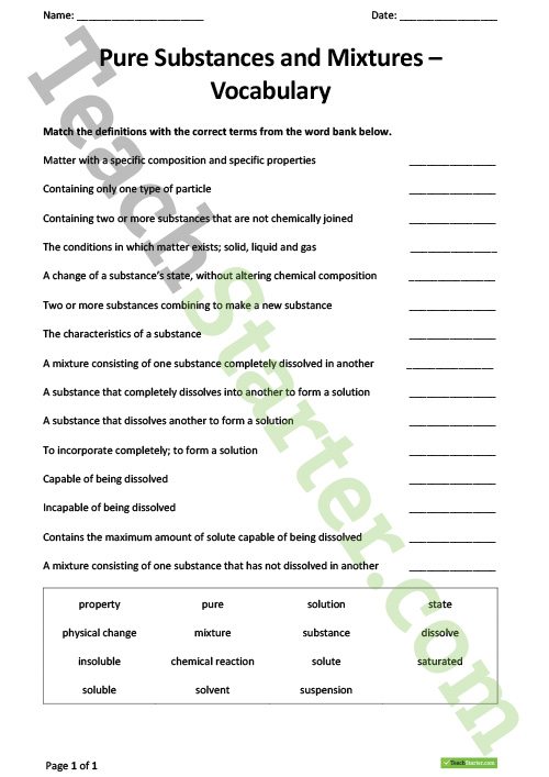 Pure Substances Vs Mixtures Worksheets Answers