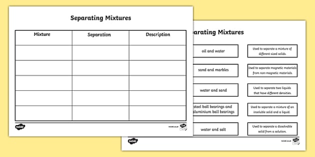Separating Mixtures Matching Worksheet