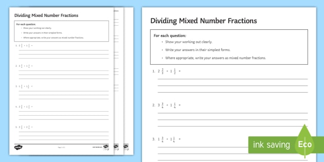 Dividing Mixed Number Fractions Worksheet   Worksheet