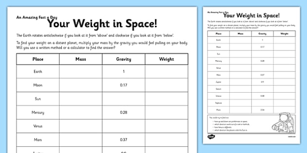 Your Weight In Space Worksheet   Worksheet