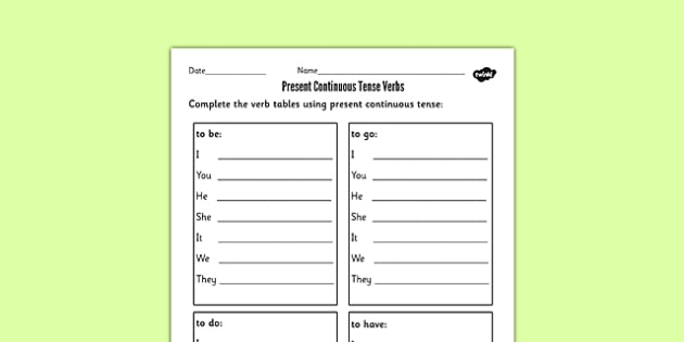 Present Continuous Tense Verbs Worksheet