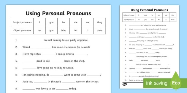 Personal Pronouns Worksheet