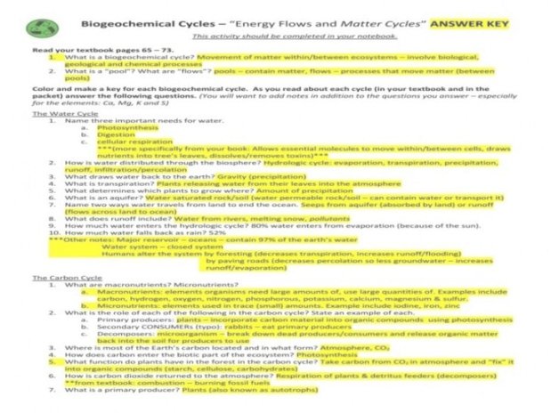 5 Coolest Biogeochemical Cycles Worksheet Answers Aplicable For