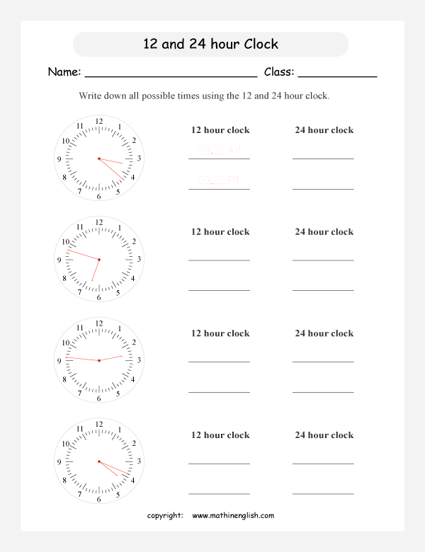 24 Hour Clock Printable Grade 4 Math Worksheet