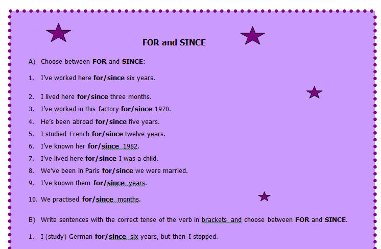 For And Since Worksheet For And Since Worksheet