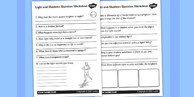 Light And Shadows Questions Worksheet