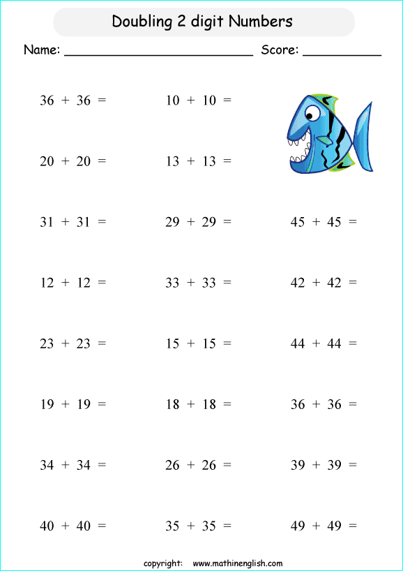 Doubling 2 Digit Numbers Addition Worksheet For Grade 1 Math
