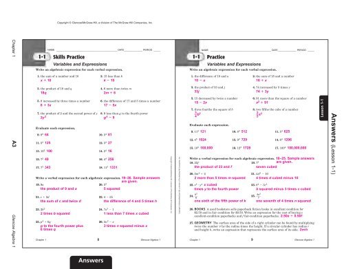 Algebra I Chapter 1 Practice Workbook Answer Key