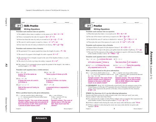 Algebra I Chapter 2 Practice Workbook Answer Key