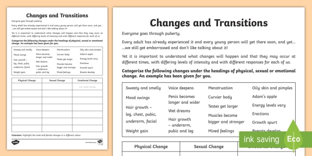 Changes And Transitions Worksheet
