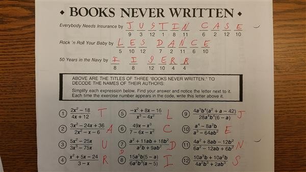 Books Never Written Math Worksheet Answers Algebra