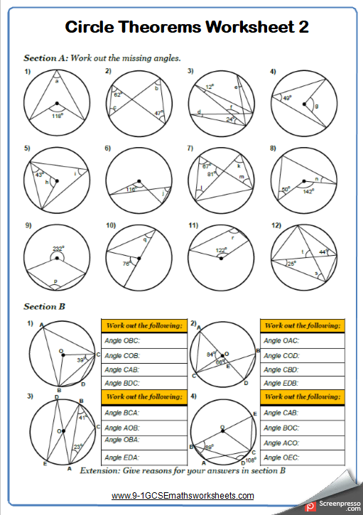 Angles In Circles A Maths Worksheet And Answers 9
