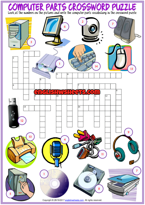 Computer Parts Esl Crossword Puzzle Worksheet For Kids