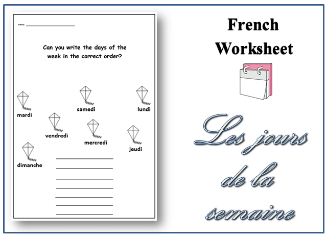 Downloadable Printable French Worksheet  Days Of The Week Topic