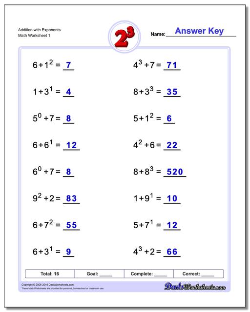 Exponents Worksheets