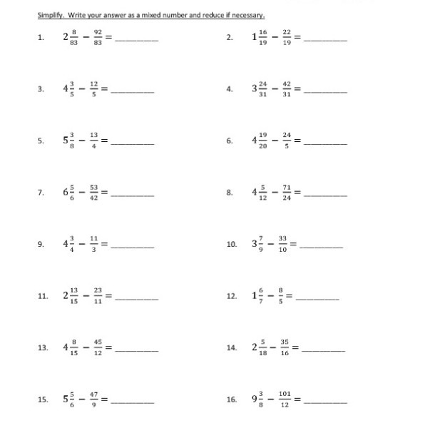 Fifth Grade Subtracting Fractions Worksheet 15 â One Page Worksheets