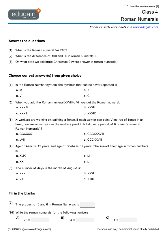 Grade 4 Math Worksheets And Problems  Roman Numerals