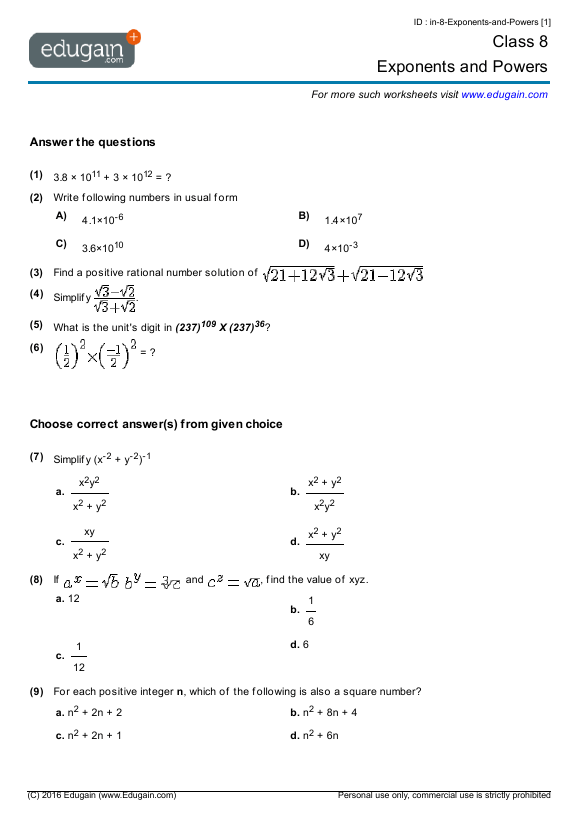 Grade 8 Math Worksheets And Problems  Exponents And Powers