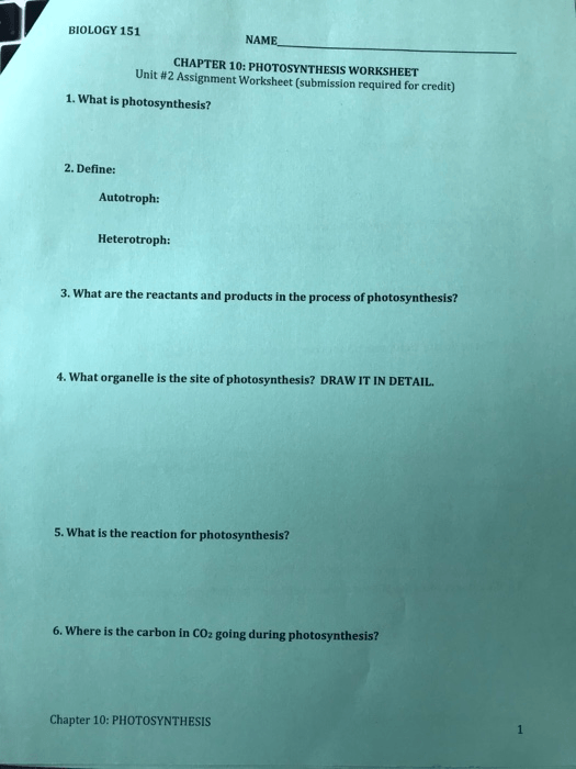 Solved  Biology 151 Name Chapter 10  Photosynthesis Worksh
