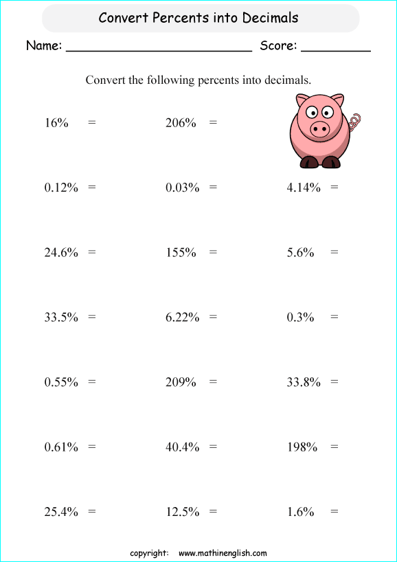Percents To Decimals Printable Grade 6 Math Worksheet