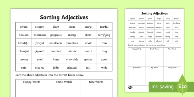 Sorting Adjectives Worksheet