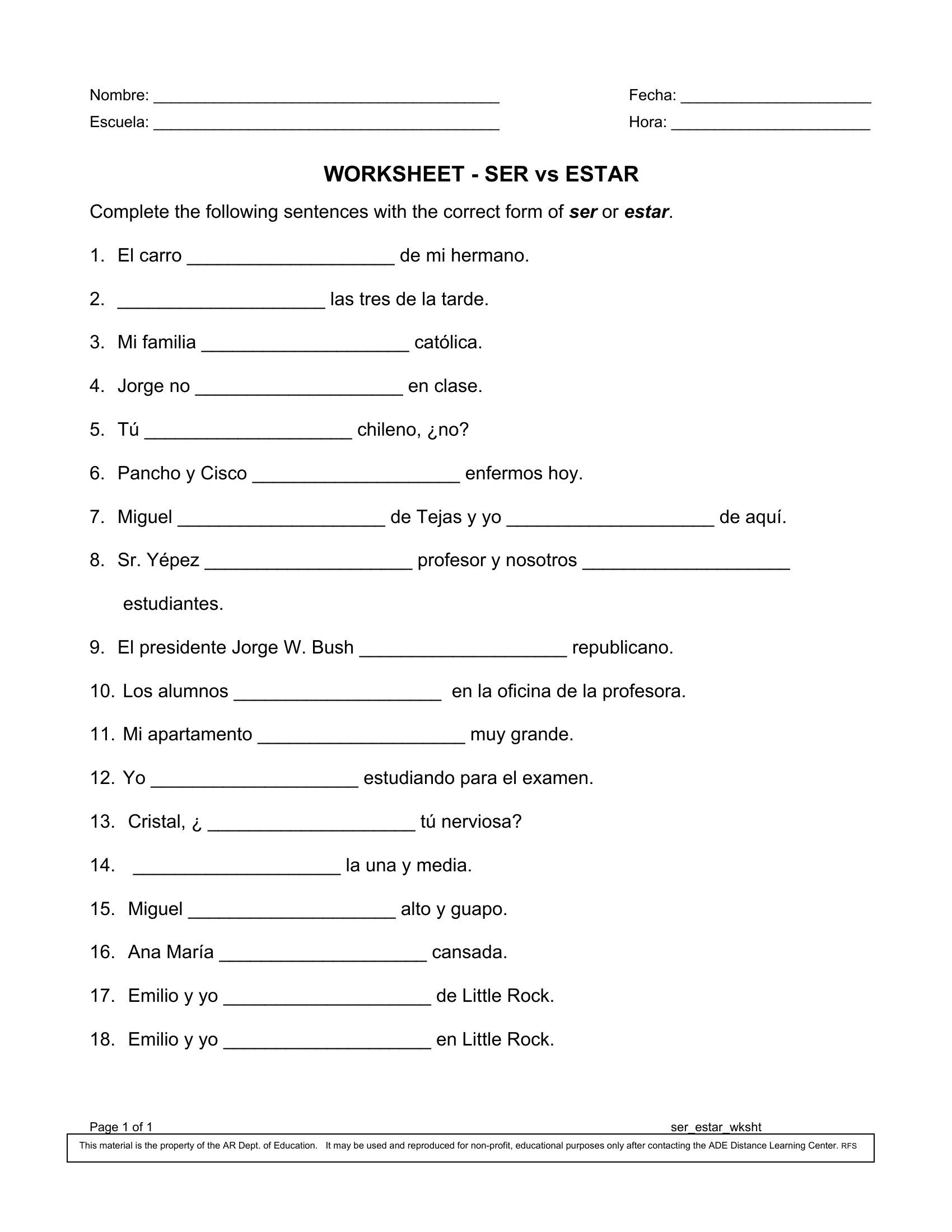 Ser Vs Estar Worksheet Pdf â Scouting Web