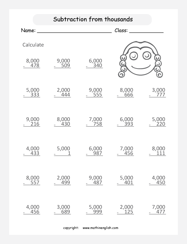 Subtract From Thousands Printable Grade 3 Math Worksheet