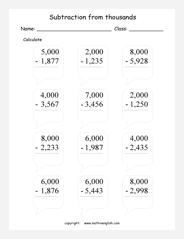Subtract From Thousands Printable Grade 3 Math Worksheet