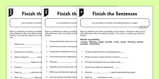 Differentiated Adverbs Of Possibility Finish The Sentences Worksheet