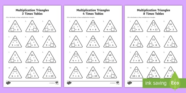 Multiplication Triangles 3, 4 And 8 Times Tables Worksheets