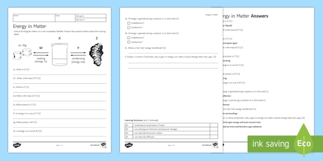 Ks3 Energy In Matter Homework Worksheet   Worksheet