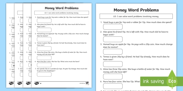 Money Word Problems Worksheet   Worksheet