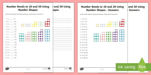 Number Bonds To 10 And 20 Using Number Shapes Worksheet